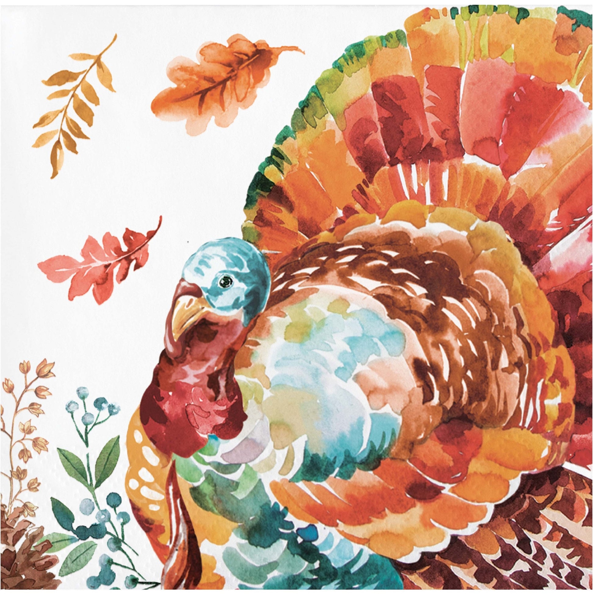 Tasteful Turkey Beverage Napkins 192 ct. Colorful watercolor turkey illustration with autumn leaves on a white background