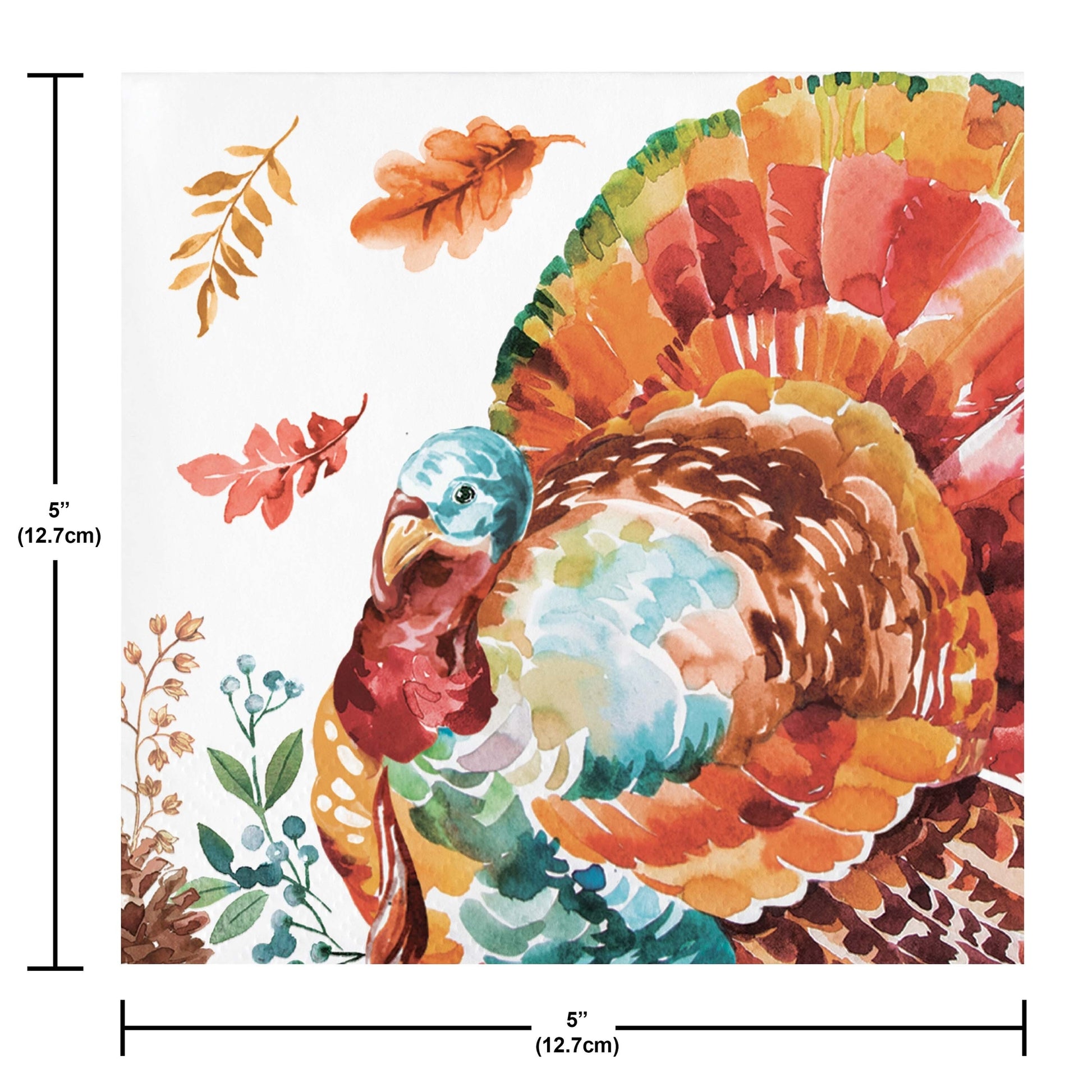 Tasteful Turkey Beverage Napkins 192 ct. Colorful turkey illustration with autumn leaves and measurements on a white background