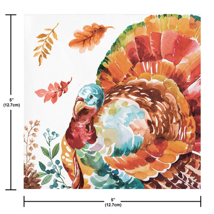 Tasteful Turkey Beverage Napkins 192 ct. Colorful turkey illustration with autumn leaves and measurements on a white background