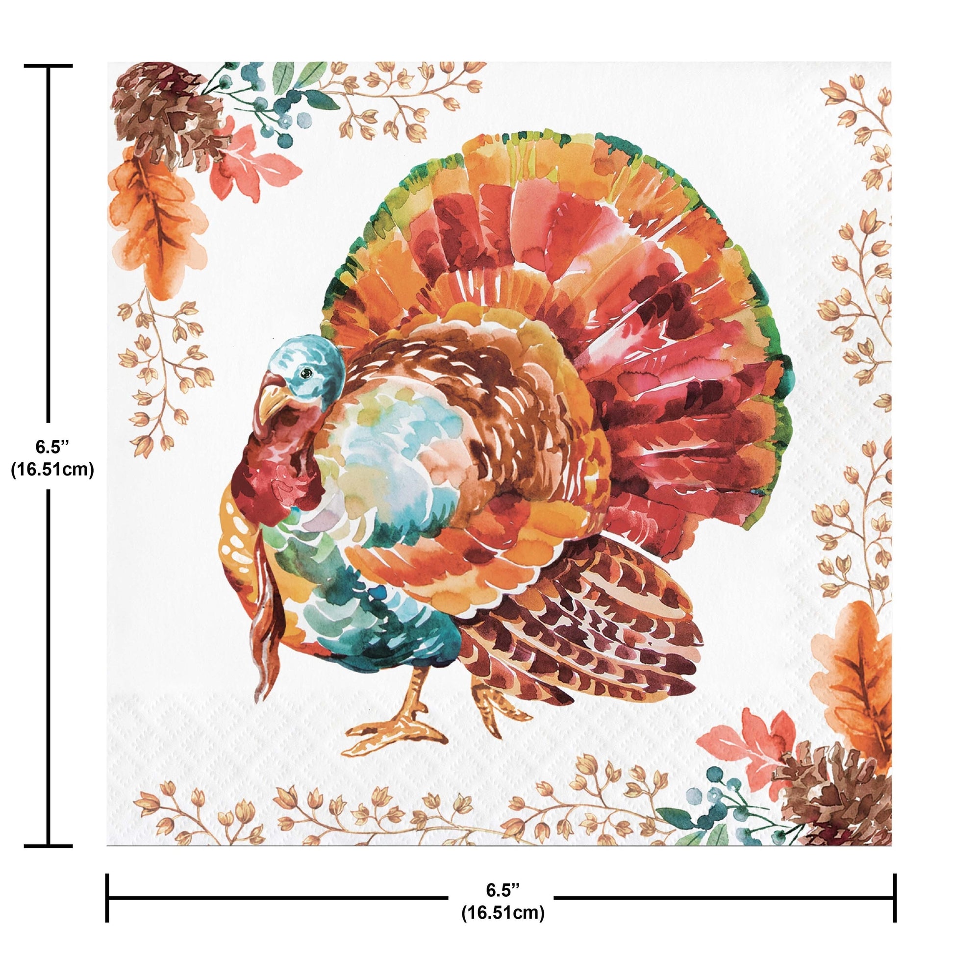 Tasteful Turkey Luncheon Napkins 192 ct. Colorful turkey design with floral elements on a white background, featuring measurements.