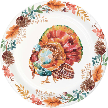 Tasteful Turkey Dessert Paper Plates 96 ct. Decorative paper plate with a turkey and autumn leaves design on a white background