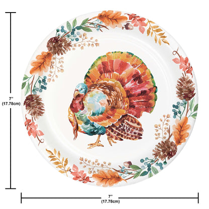 Tasteful Turkey Dessert Paper Plates 96 ct. Decorative plate with a turkey design and autumn leaves, shown with dimensions.