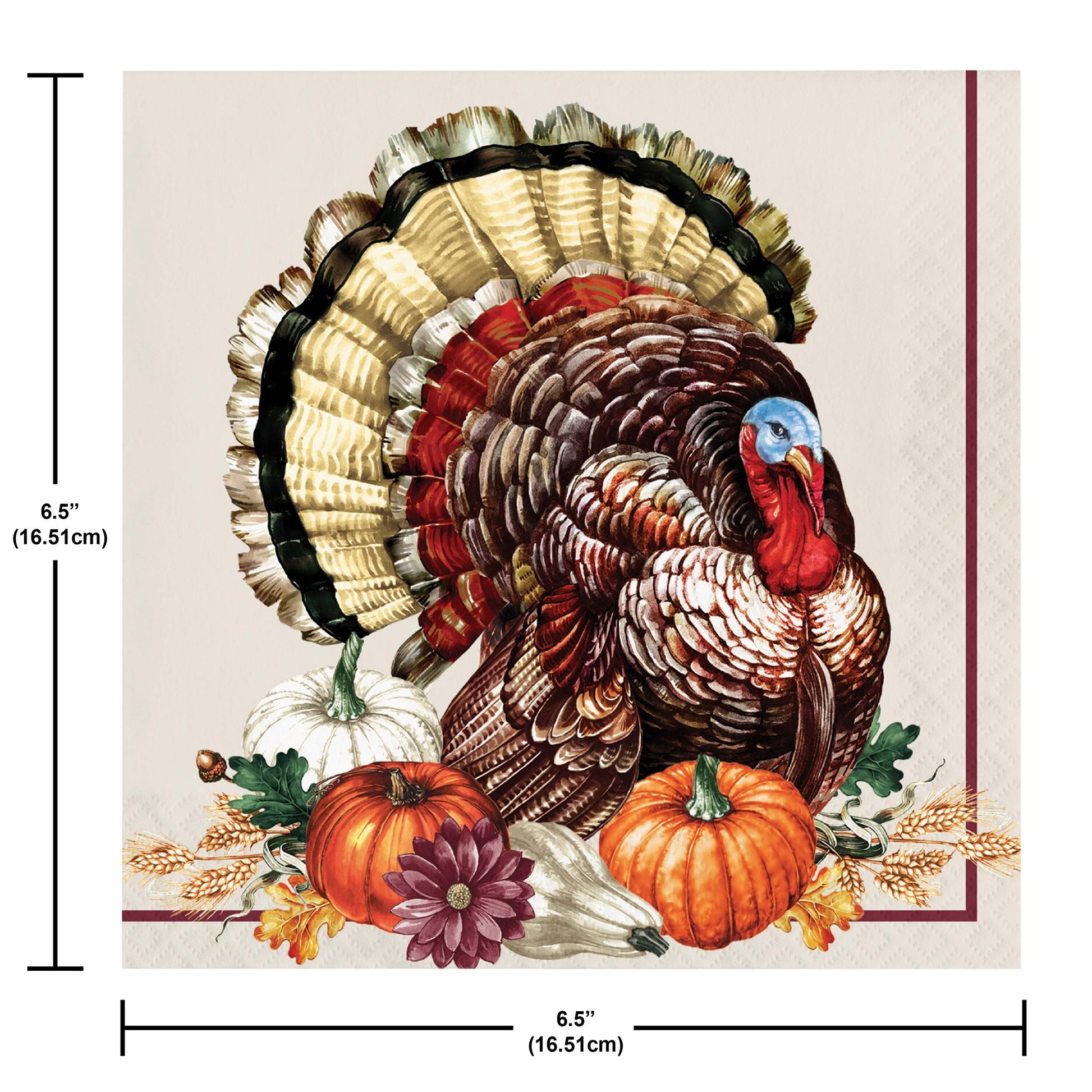 Vintage Turkey Luncheon Napkins 192 ct. Decorative paper napkin with a turkey design and pumpkins, featuring measurements on a beige background.