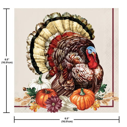 Vintage Turkey Luncheon Napkins 192 ct. Decorative paper napkin with a turkey design and pumpkins, featuring measurements on a beige background.