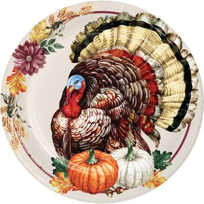 Vintage Turkey Dinner Paper Plates 96 ct. Decorative plate with a turkey design and autumn elements on a white background