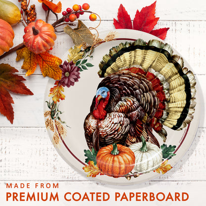 Vintage Turkey Dinner Paper Plates 96 ct. Decorative paper plate with a turkey design, pumpkins, and autumn leaves on a white background.