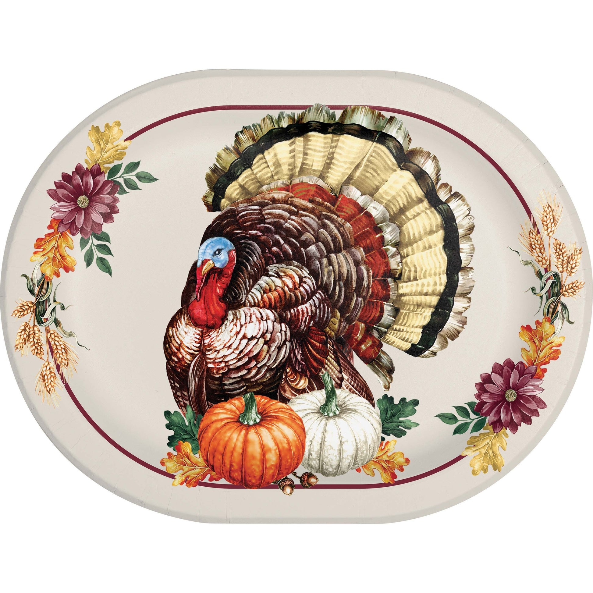Vintage Turkey Oval Dinner Paper Plates 96 ct. Decorative plate with a turkey design and autumn elements on a white background