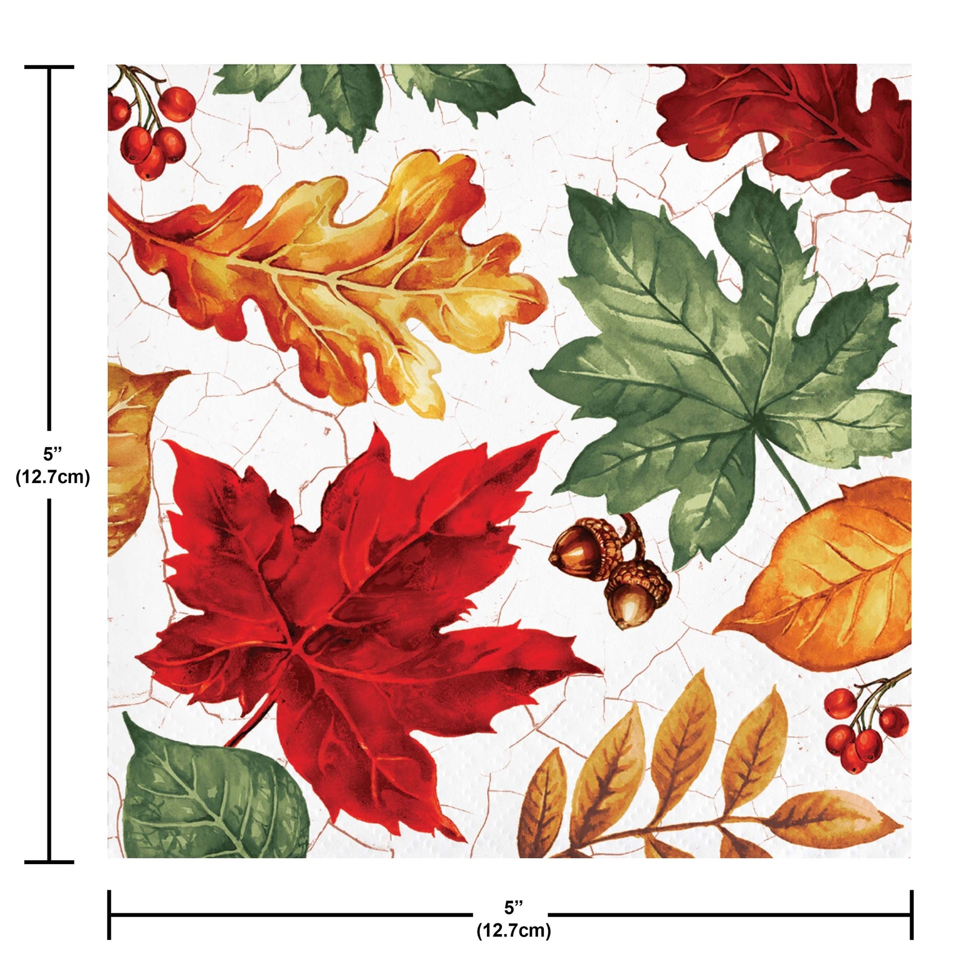 Autumn Air Beverage Napkins 192 ct. Pattern of autumn leaves on a paper napkin with measurements on a white background