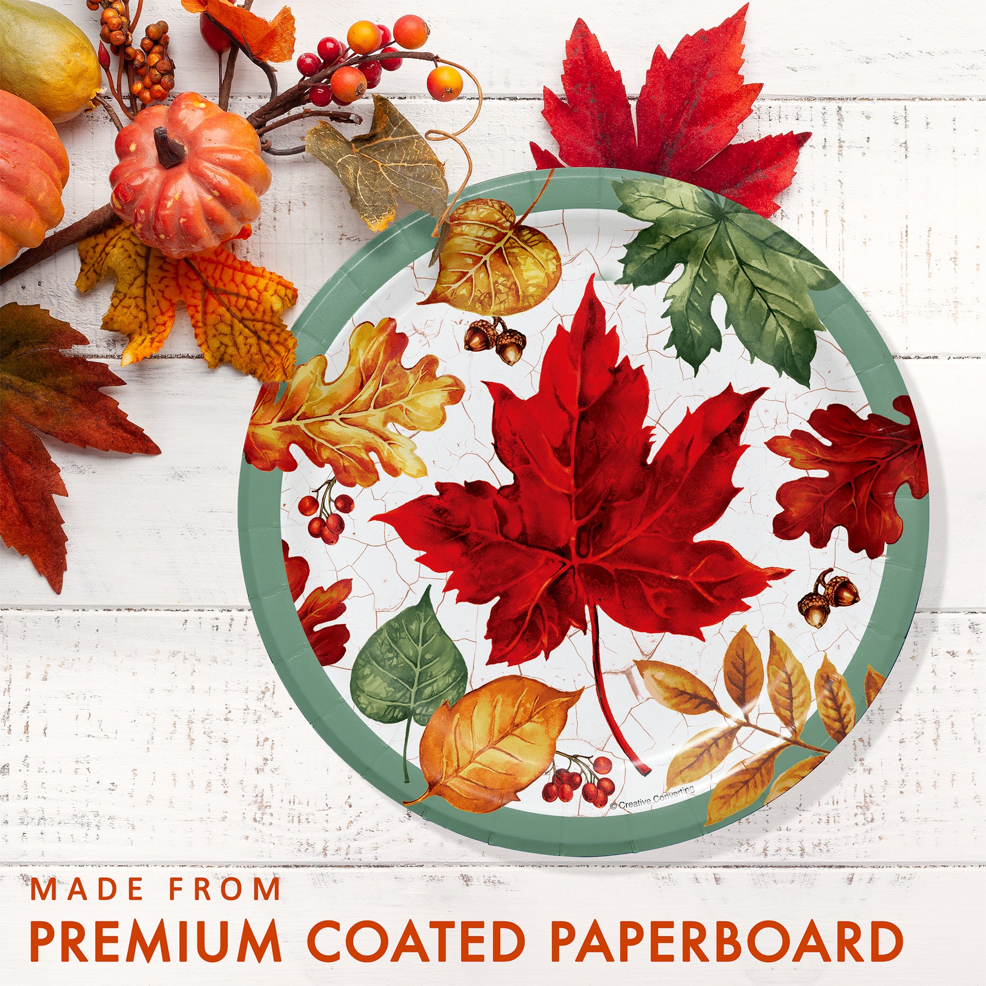 Autumn Air Dessert Paper Plates 96 ct. Round paper product with autumn leaf design on a white wooden surface