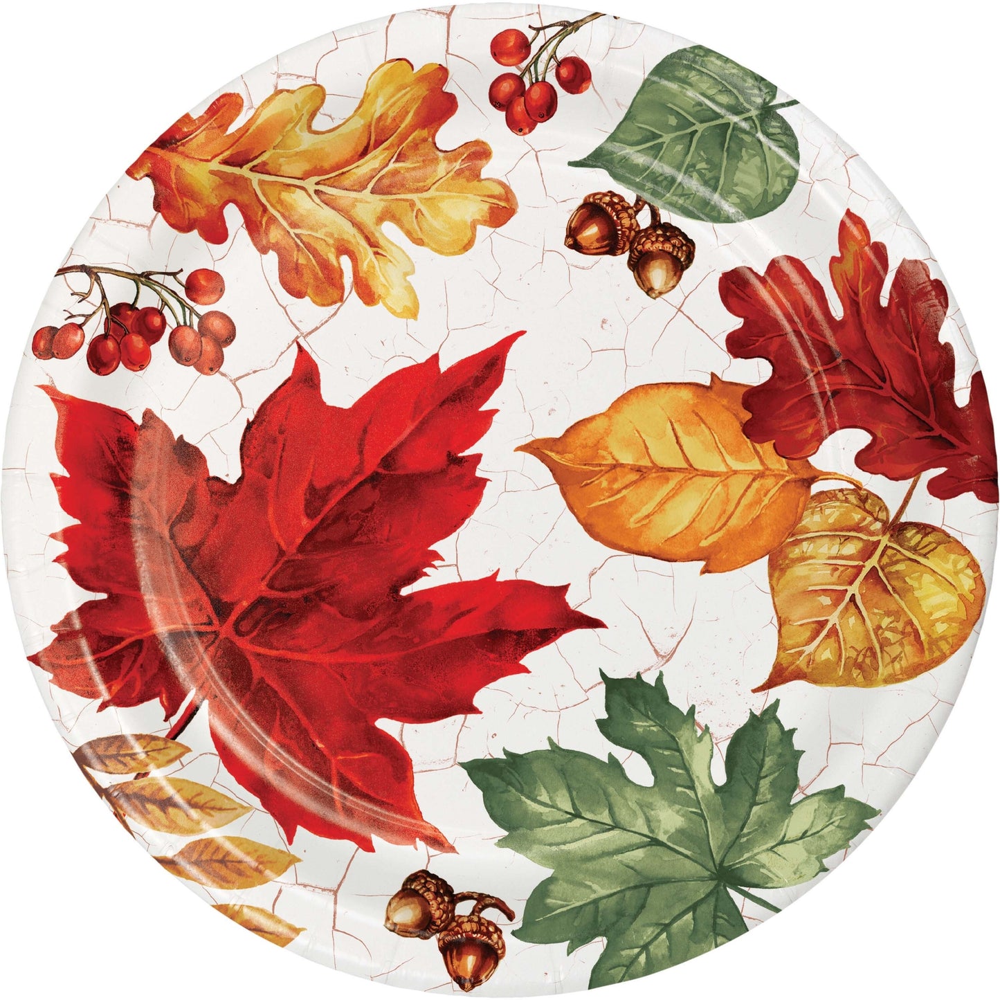 Autumn Air Dinner Paper Plates 96 ct. Decorative paper plate with autumn leaves and berries on a white background