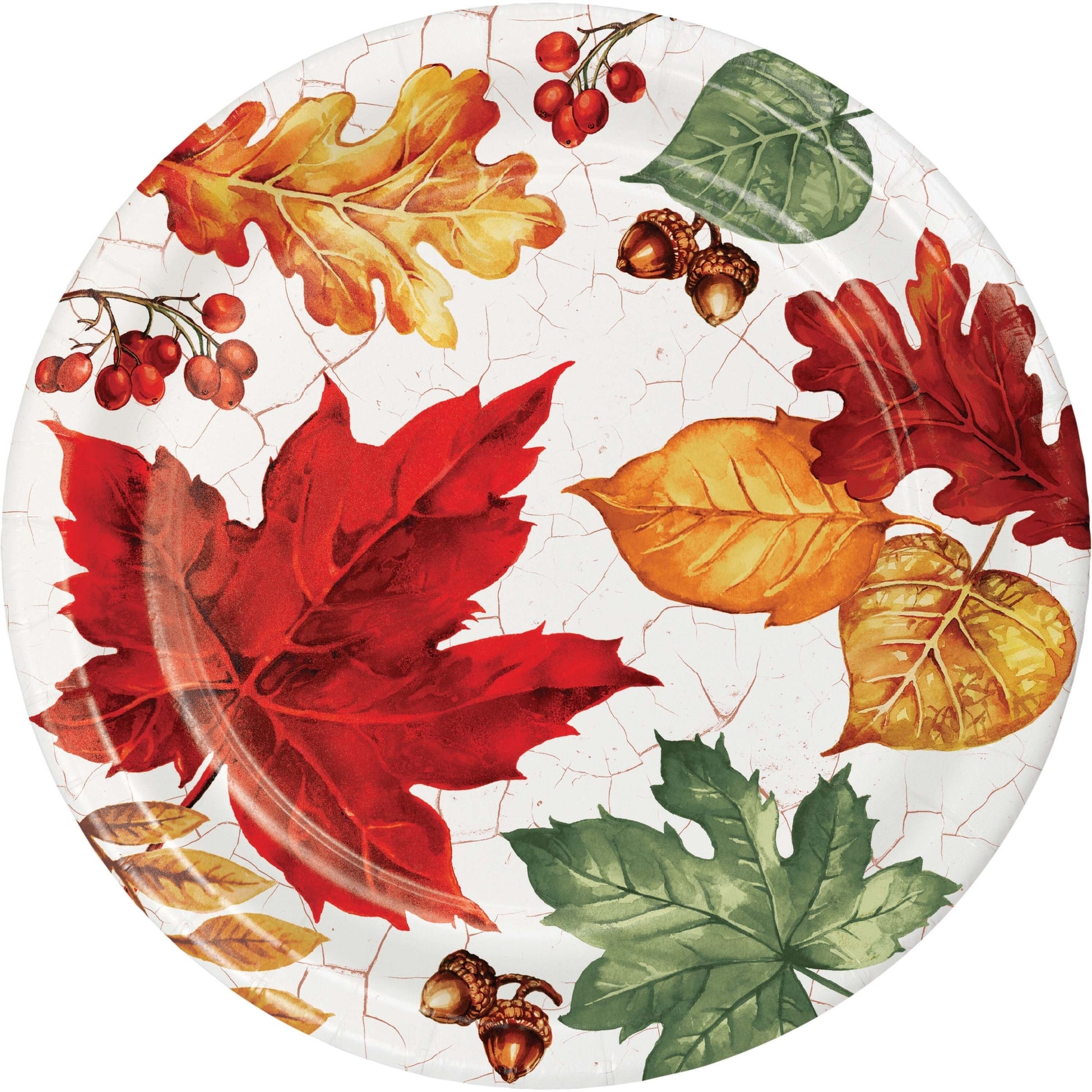 Autumn Air Dinner Paper Plates 96 ct. Decorative paper plate with autumn leaves and berries on a white background