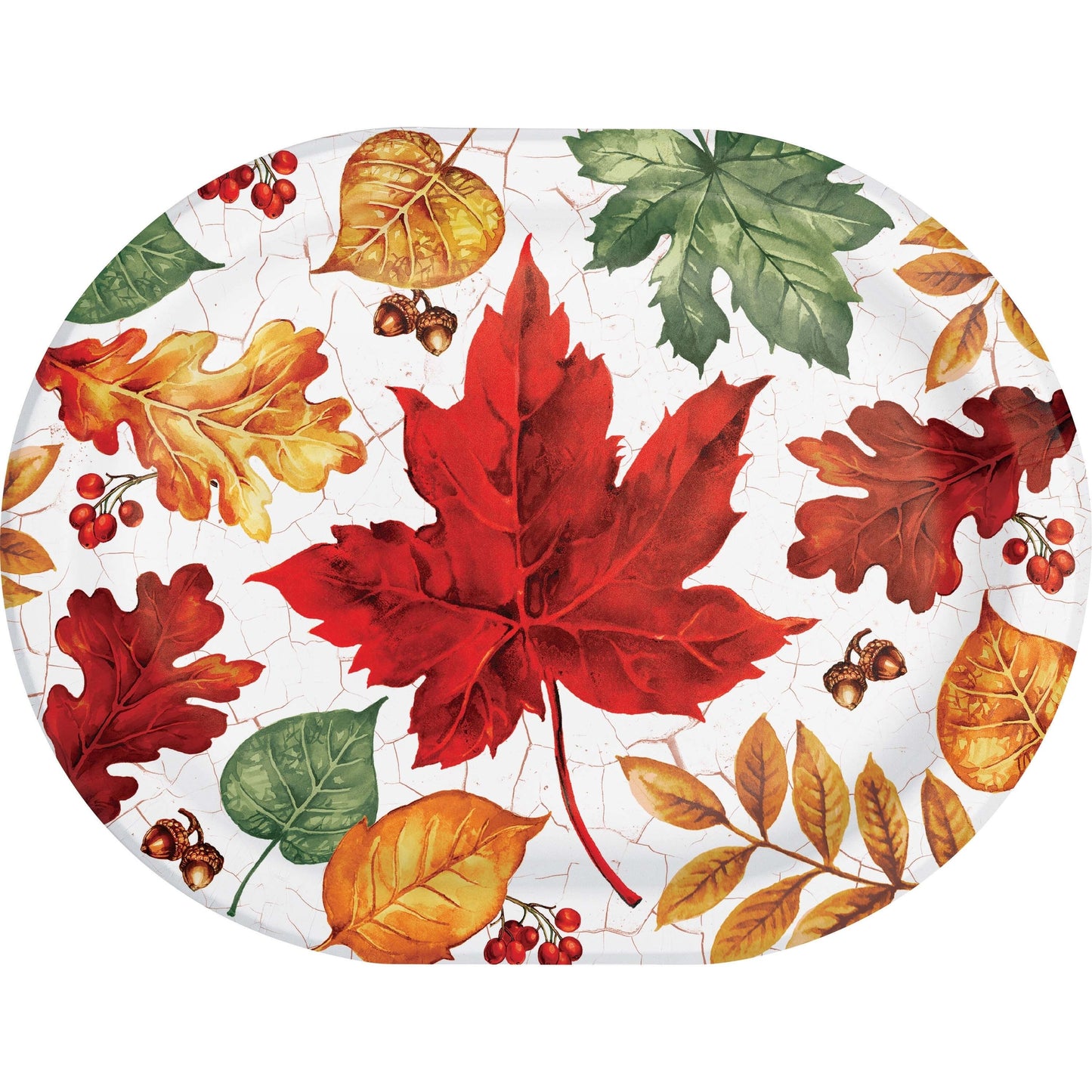 Autumn Air Oval Dinner Paper Plates 96 ct. Oval paper plates with red, green and orange leaves, acorns and berries