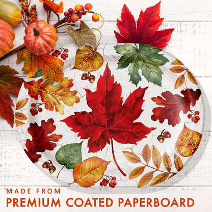 Autumn Air Oval Dinner Paper Plates 96 ct. Oval paper plates with red, green and orange leaves, acorns and berries