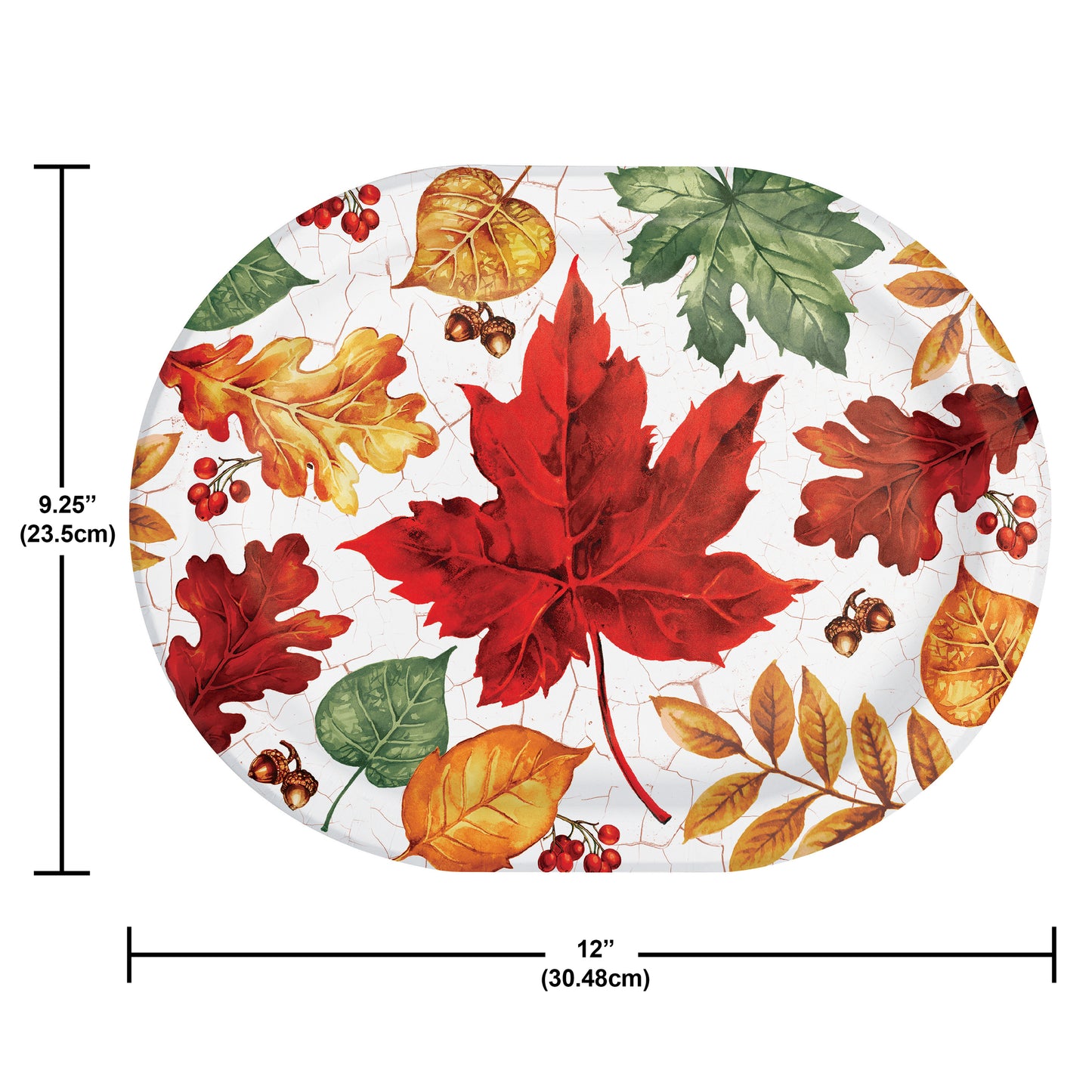 Autumn Air Oval Dinner Paper Plates 96 ct. Oval paper plates with red, green and orange leaves, acorns and berries with dimensions