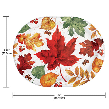 Autumn Air Oval Dinner Paper Plates 96 ct. Oval paper plates with red, green and orange leaves, acorns and berries with dimensions