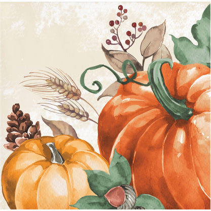 Harvest Delight Beverage Napkins 192 ct. Decorative paper napkin featuring pumpkins and autumn elements on a beige background