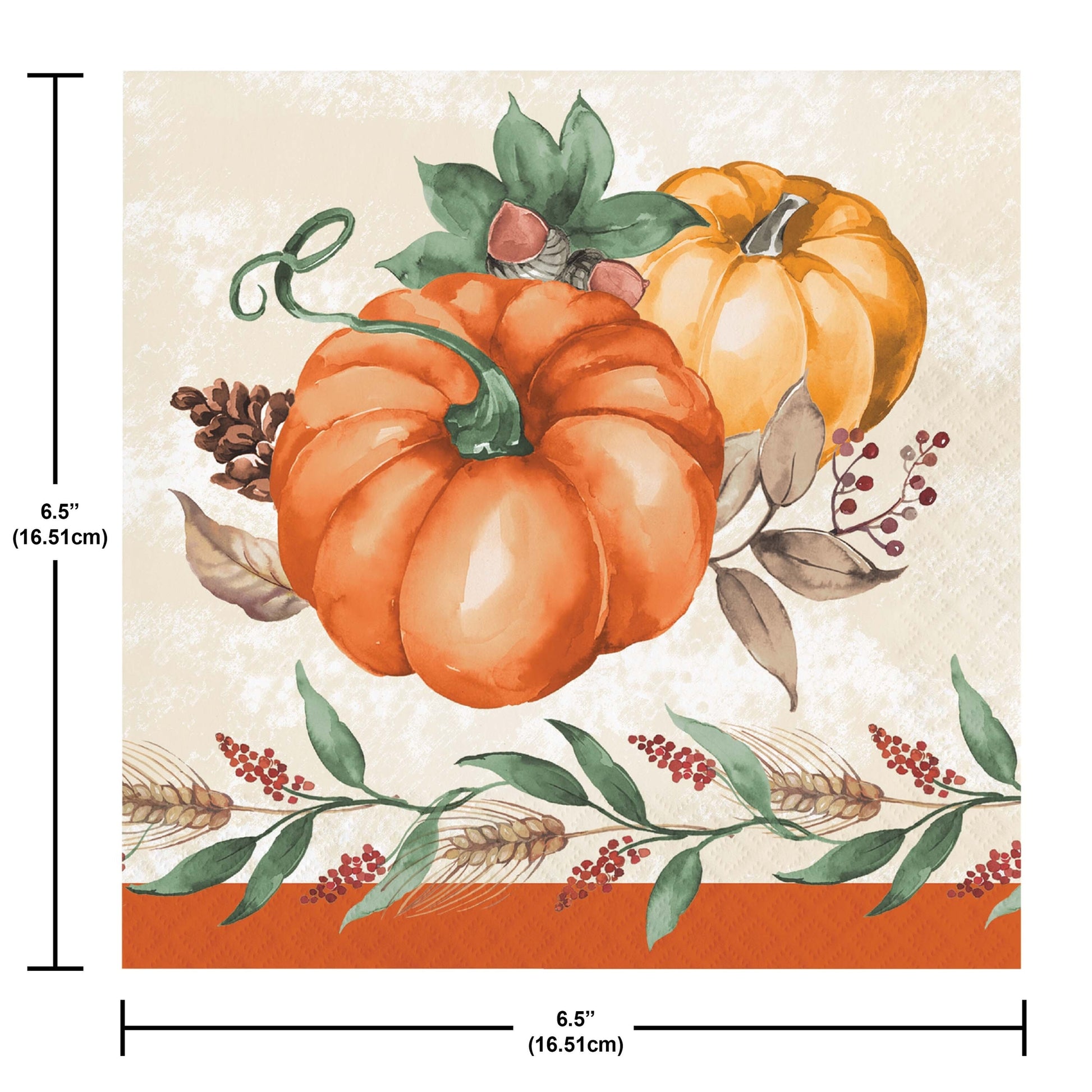 Harvest Delight Luncheon Napkins 192 ct. Decorative paper napkin with pumpkins and autumn elements on a beige background, with measurements indicated.