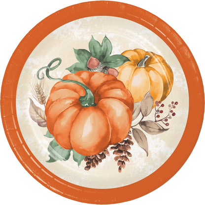 Harvest Delight Dessert Paper Plates 96 ct. Round paper plate with pumpkins and autumn decorations on a beige background