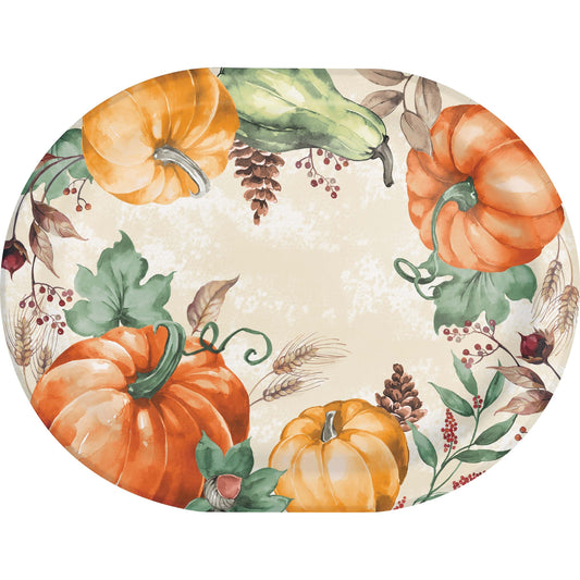 Harvest Delight Oval Dinner Paper Plates 96 ct. Decorative plate with pumpkins and autumn leaves on a beige background