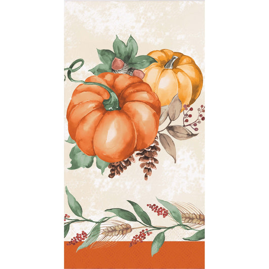 Harvest Delight Dinner Napkins 192 ct. Decorative paper napkin with pumpkins and autumn elements on a beige background