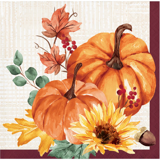 Fall Feast Beverage Napkins 192 ct. Decorative paper napkin with pumpkins, sunflower, and leaves on a textured background