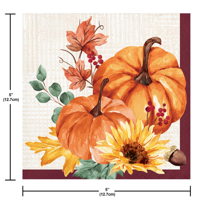 Fall Feast Beverage Napkins 192 ct. Decorative paper napkin with pumpkins, sunflower, and leaves on a white background