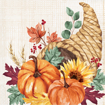 Fall Feast Luncheon Napkins 192 ct. Decorative design with pumpkins, cornucopia, and autumn leaves on a textured background