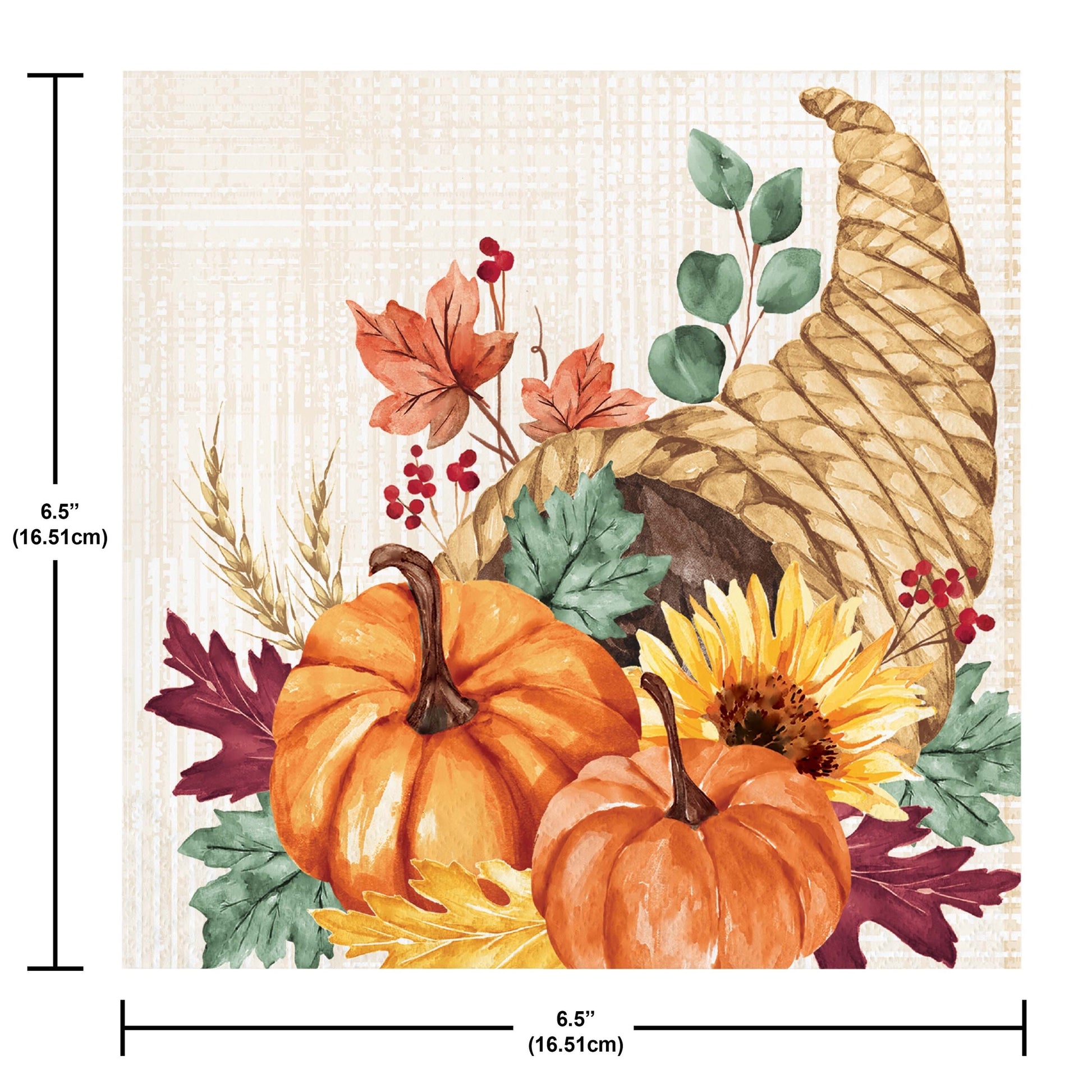 Fall Feast Luncheon Napkins 192 ct. Decorative mat with pumpkins, cornucopia, and autumn leaves on a beige background