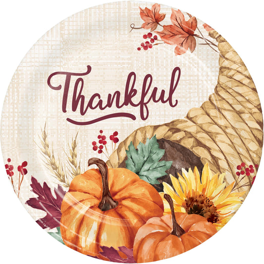 Fall Feast Dessert Paper Plates 96 ct. Round plate with 'Thankful' text, pumpkins, cornucopia, and fall leaves on a white background