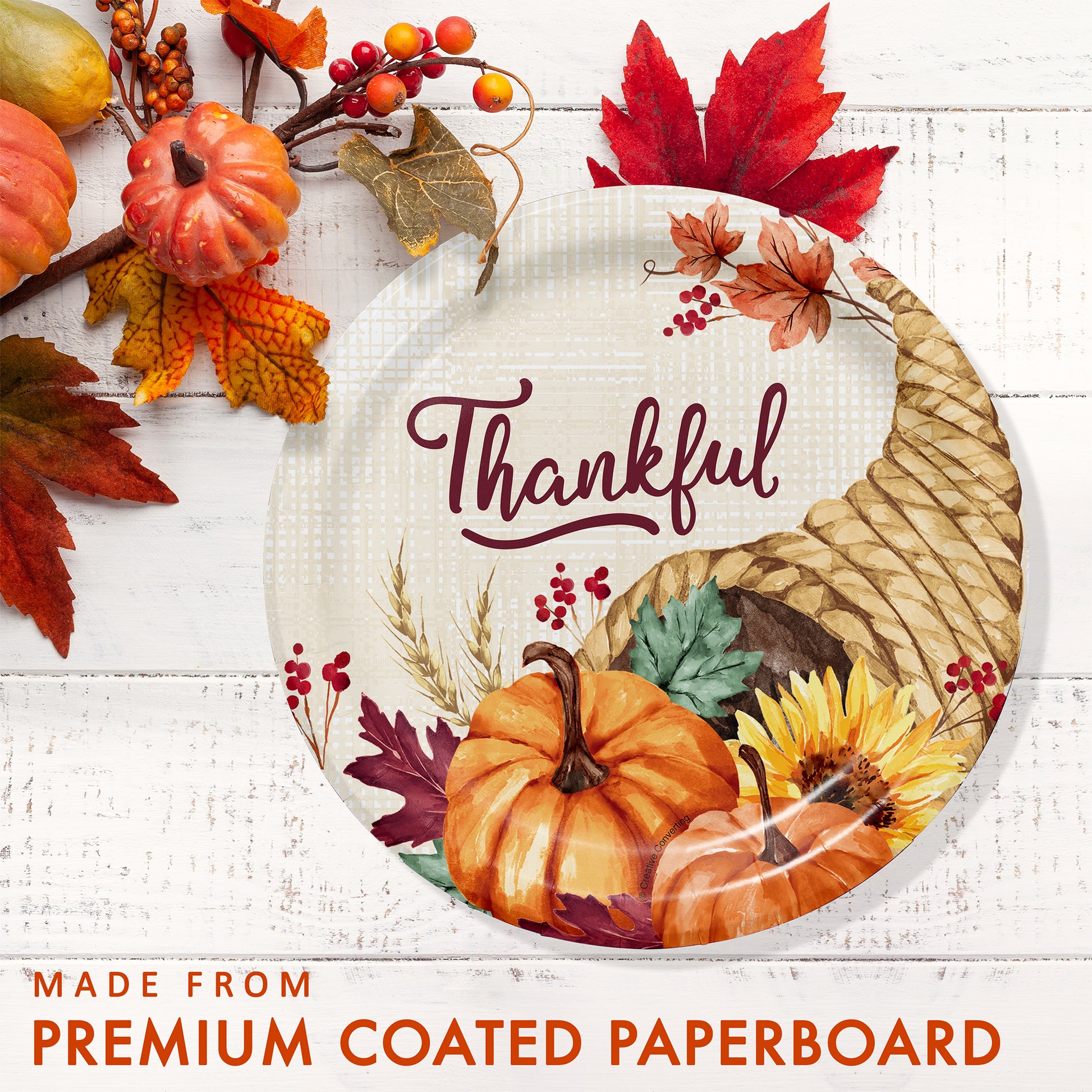 Fall Feast Dessert Paper Plates 96 ct. Decorative paper plate with autumn-themed design, pumpkins, leaves, and the word 'Thankful'.