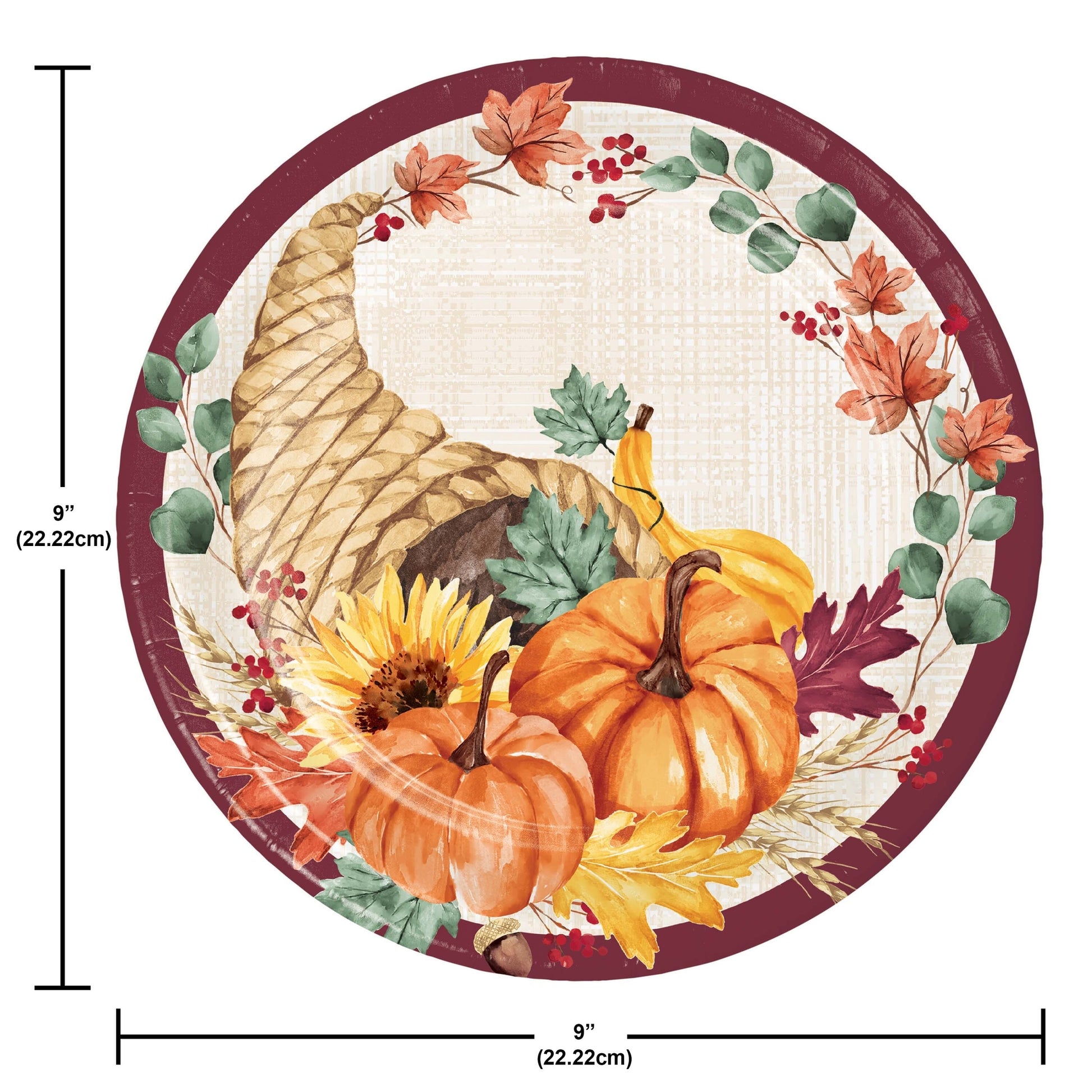 Fall Feast Dinner Paper Plates 96 ct. Round decorative plate with autumn-themed design featuring pumpkins, cornucopia, and leaves with measurements.