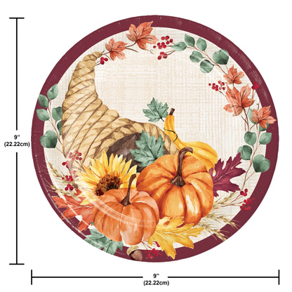Fall Feast Dinner Paper Plates 96 ct. Round decorative plate with autumn-themed design featuring pumpkins, cornucopia, and leaves with measurements.