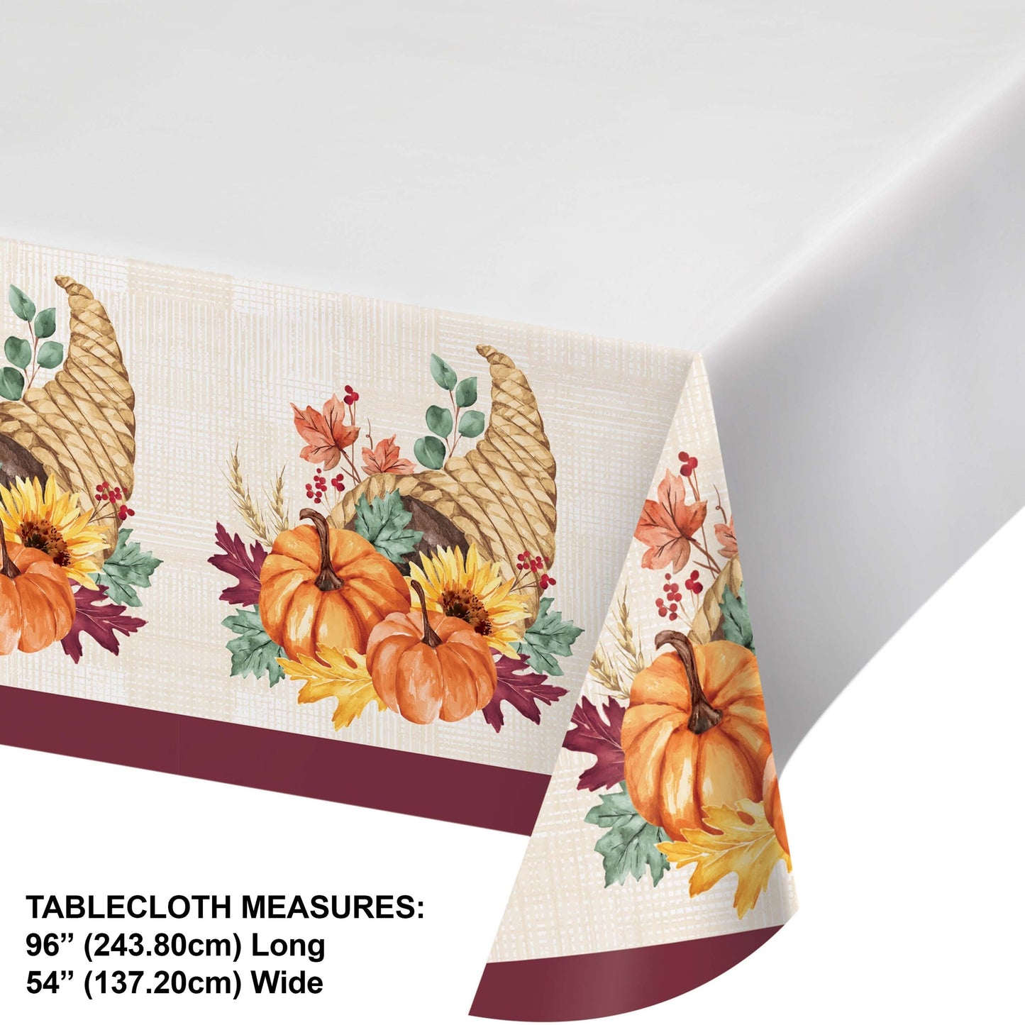 Fall Feast Paper Tablecloths 12 ct. Decorative tablecloth with pumpkins and cornucopias on a white background