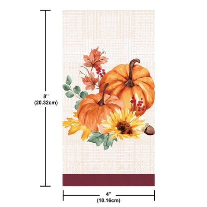 Fall Feast Dinner Napkins 192 ct. Decorative paper napkins with pumpkins, sunflowers, and leaves on a white background