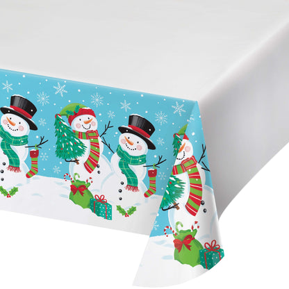 Frosty Friends Paper Tablecloths 12 ct. Paper tablecloth featuring 2 snowmen surrounded by Christmas gifts and snowflakes