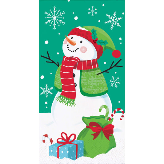 Frosty Friends Dinner Napkins 192 ct. Cartoon snowman paper napkin with a green hat, red scarf, and gift on a green background with snowflakes.
