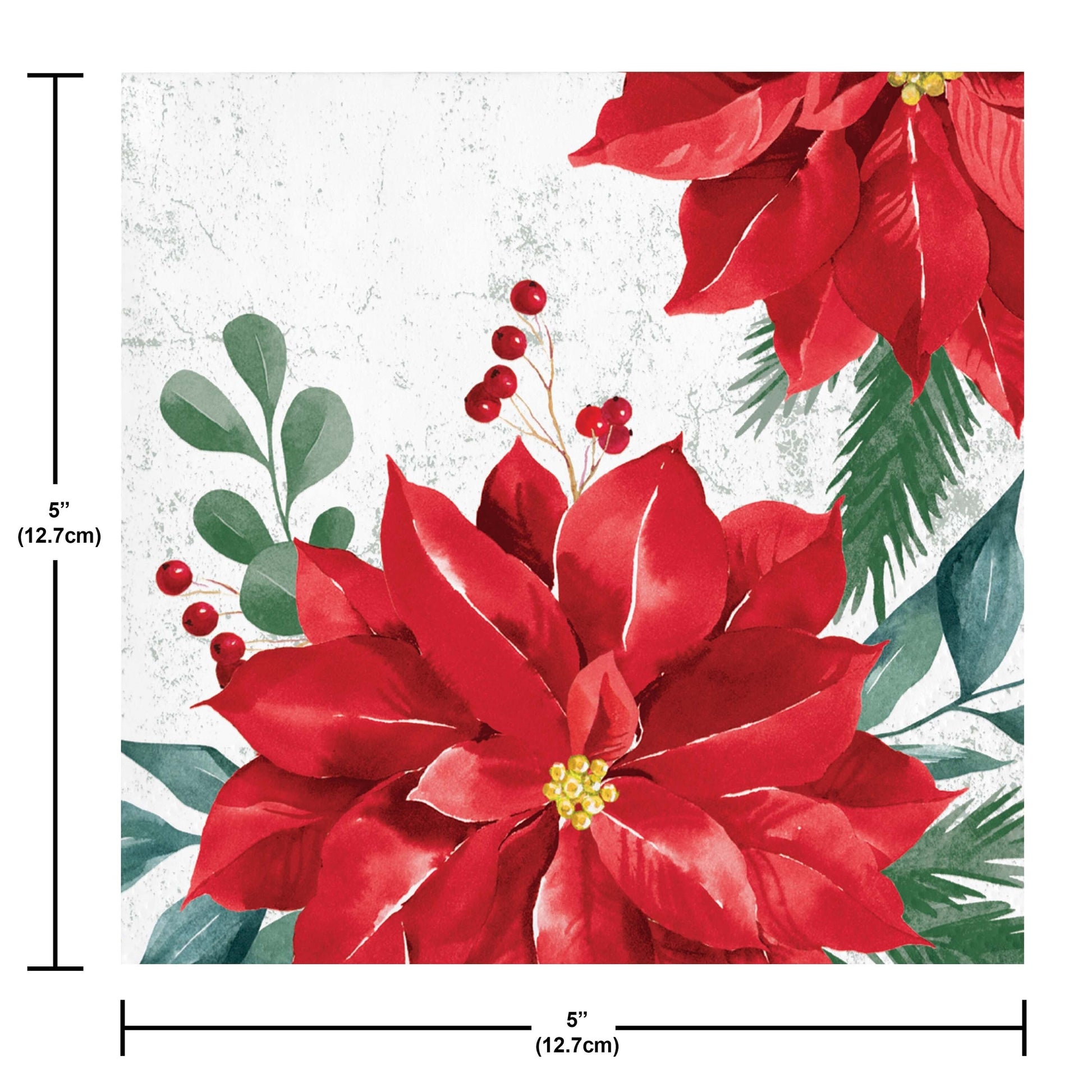 Festive Floral Beverage Napkins 192 ct. Paper napkin with red poinsettia flowers with green leaves and berries on a textured white background. Dimensions included