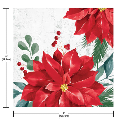 Festive Floral Beverage Napkins 192 ct. Paper napkin with red poinsettia flowers with green leaves and berries on a textured white background. Dimensions included