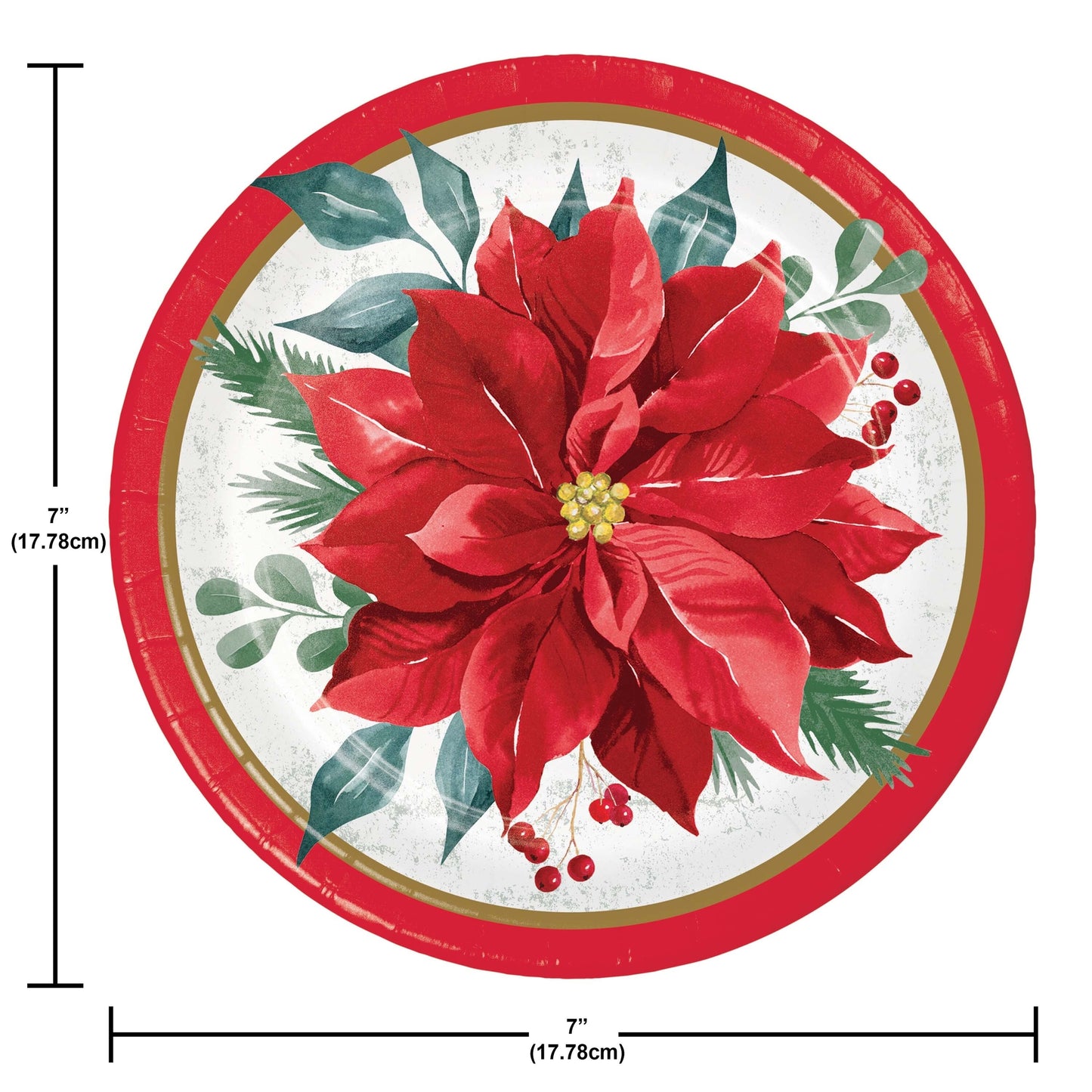 Festive Floral Dessert Paper Plates 96 ct. Round paper plate with a red poinsettia flower design, size 7 inches.