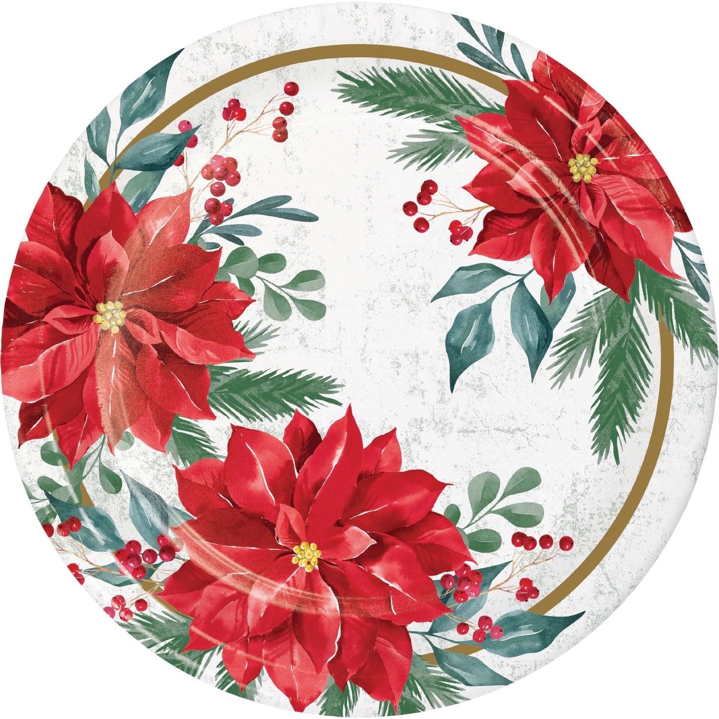 Festive Floral Dinner Paper Plates 96 ct. Decorative paper plate with red poinsettias and greenery on a white background