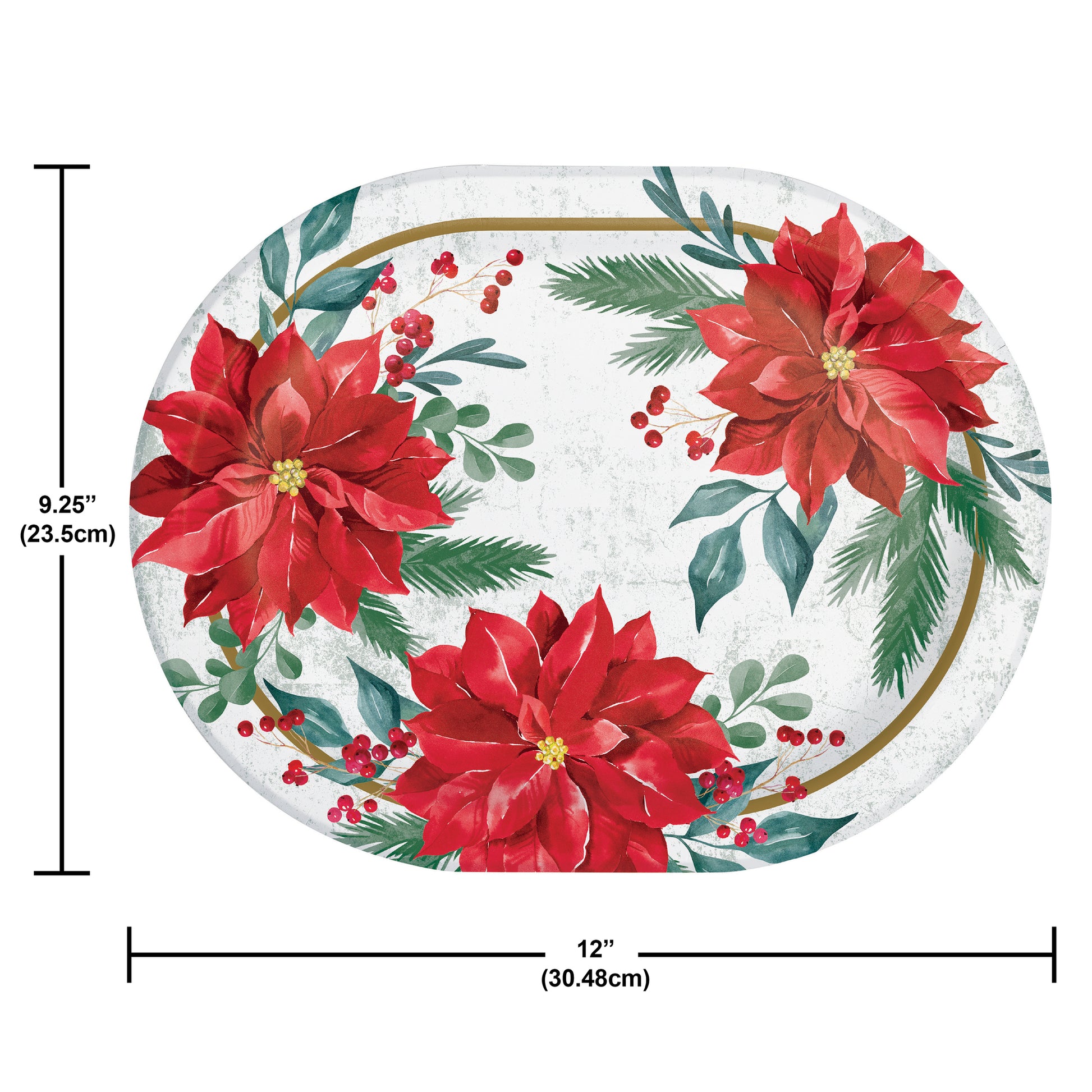 Festive Floral Oval Dinner Paper Plates 96 ct. Decorative oval paper plate with red poinsettia flowers and green leaves, with measurements indicated.