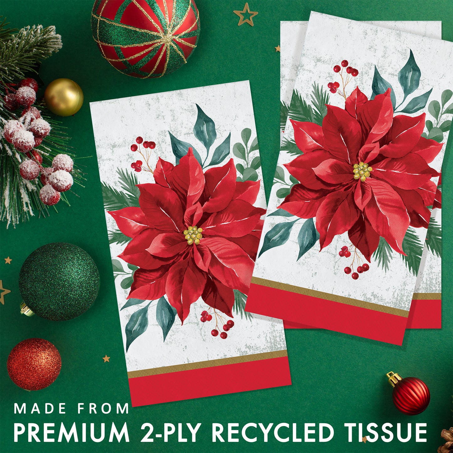 Festive Floral Dinner Napkins 192 ct. Two Christmas-themed paper napkins with poinsettia design on a green background with festive decorations.