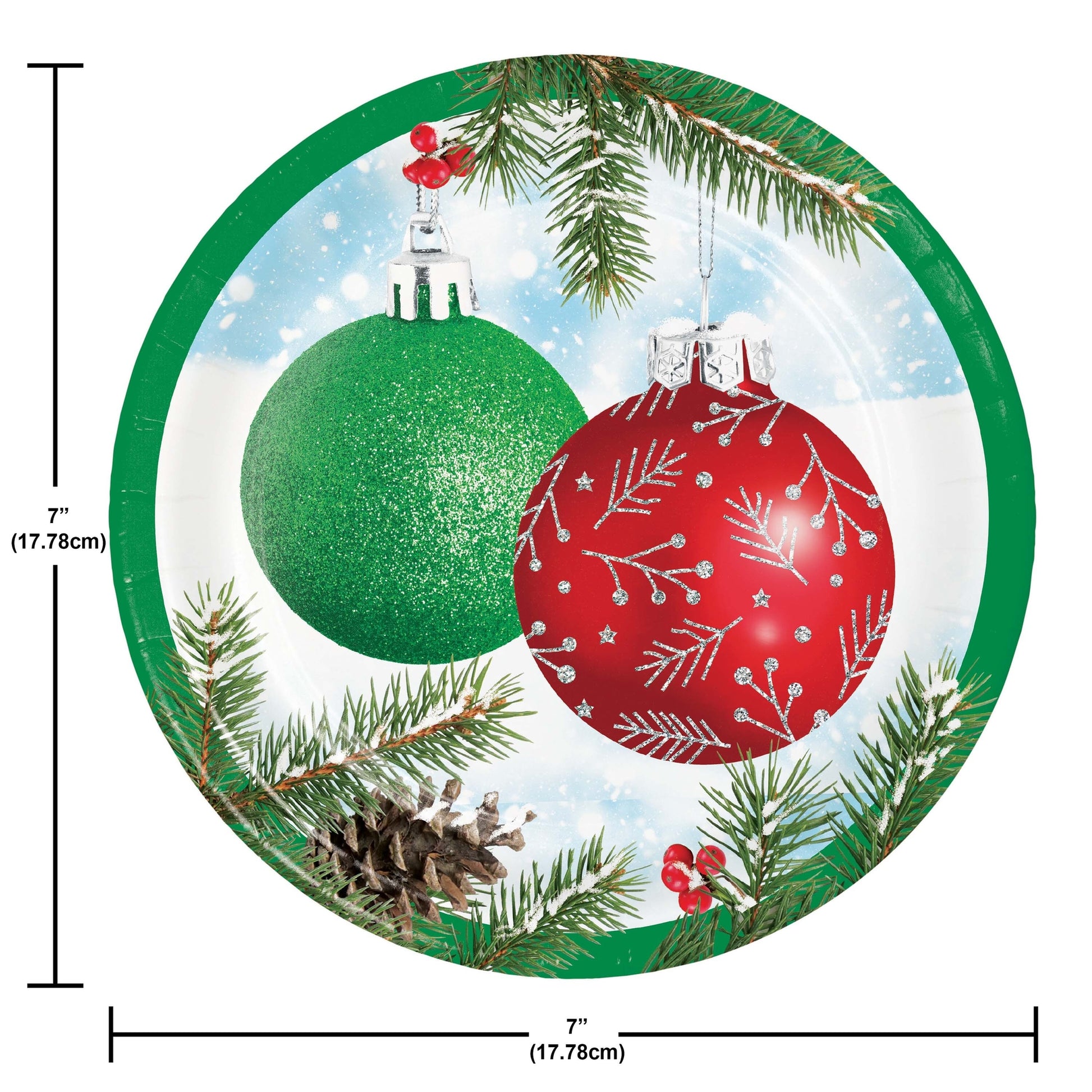 Round paper plate with Christmas ornaments and tree branches, featuring green and red baubles and greenery. Dimensions shown.