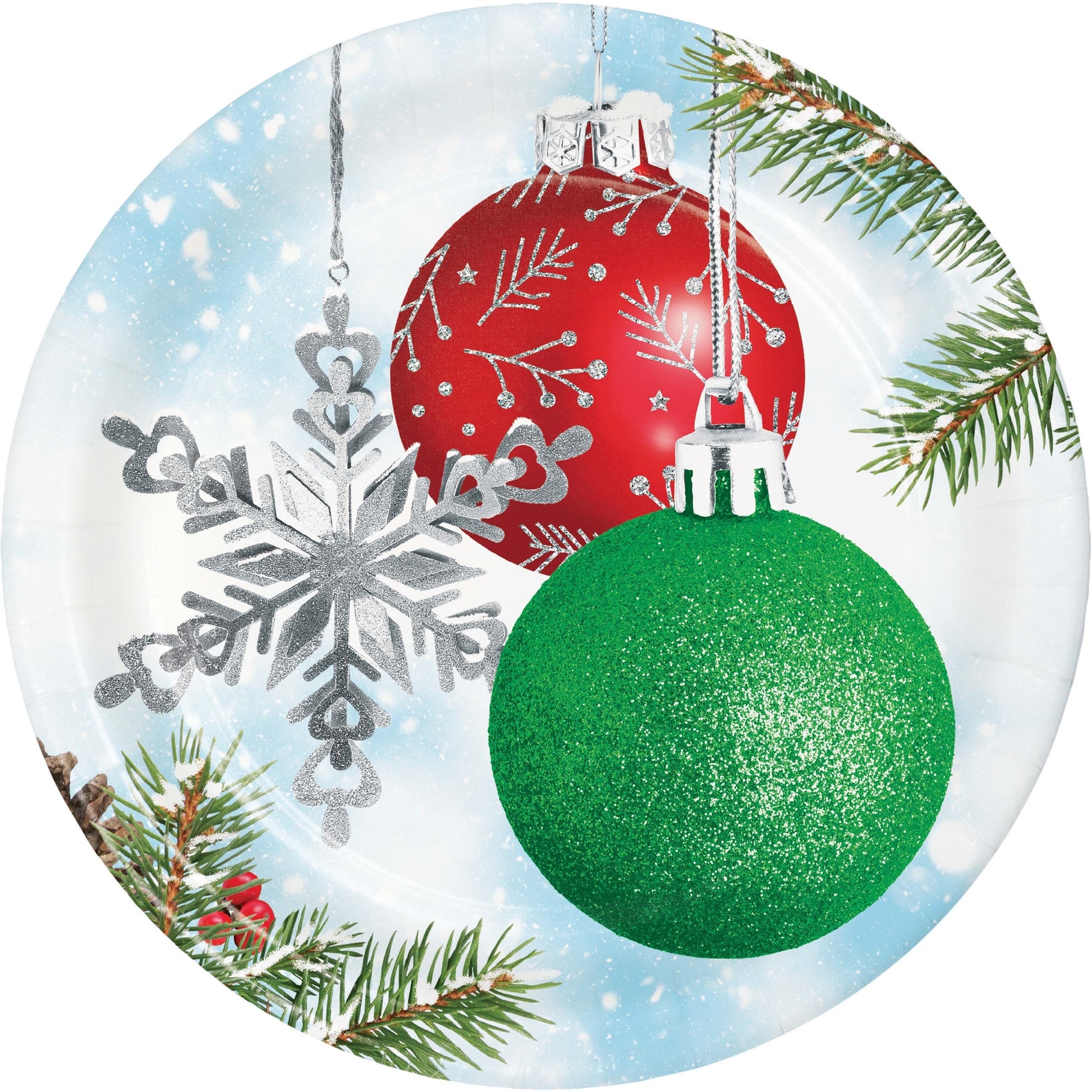 Decorative paper plate with Christmas ornaments, snowflake, and pine branches on a snowy background.