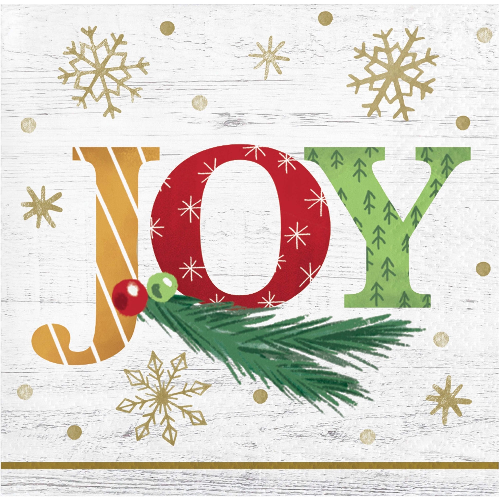 Christmas-themed 'JOY' paper napkin with gold snowflakes and greenery on a white background