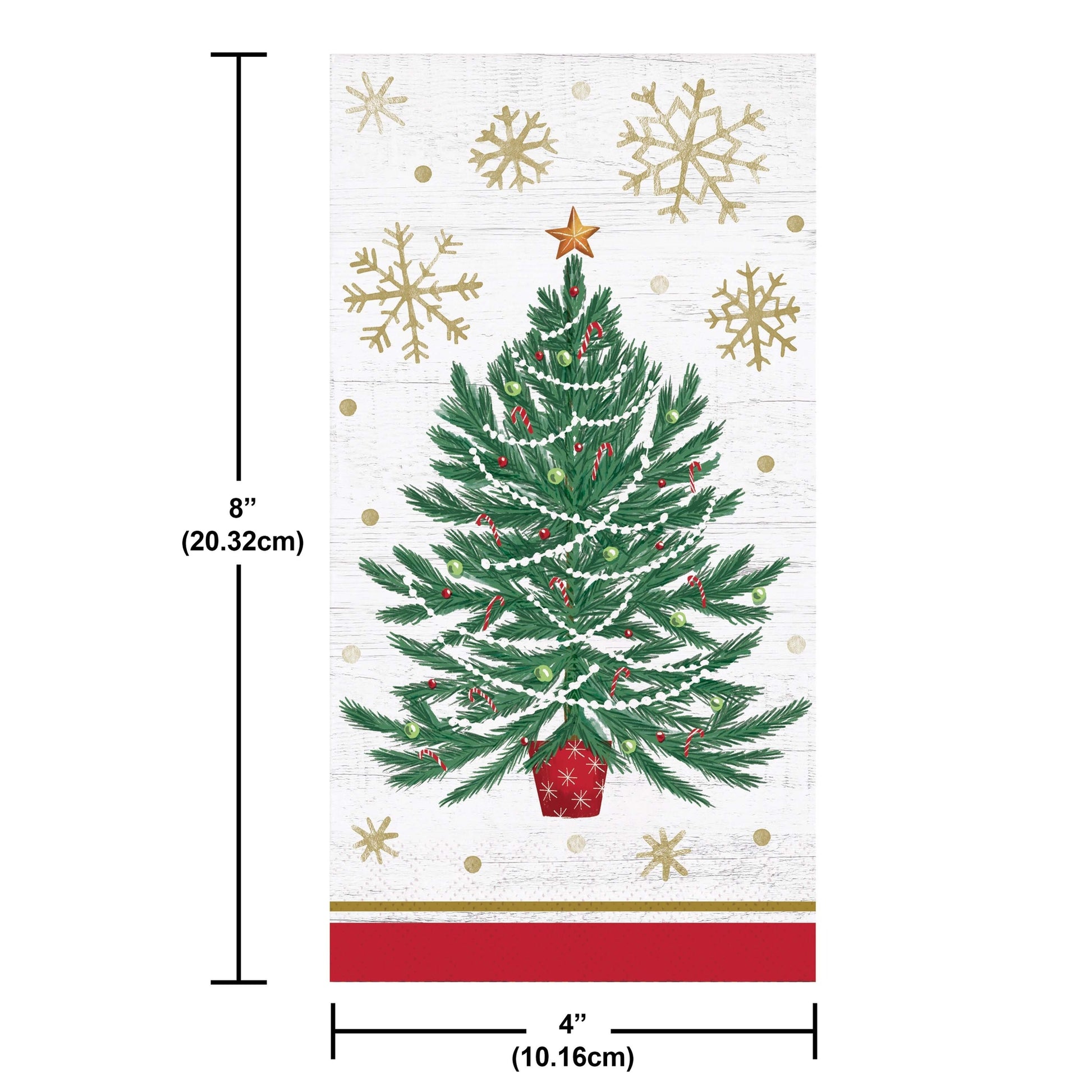 Decorative paper napkin with a Christmas tree design and snowflakes, with measurements indicated.