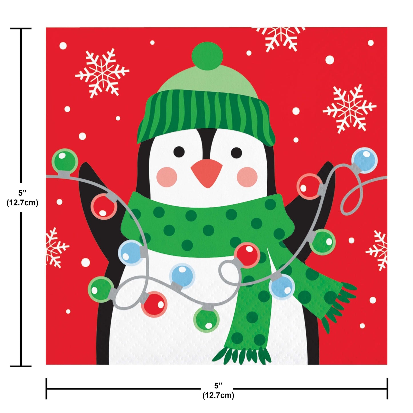 Christmas Cheer Beverage Napkins 192 ct. Paper napkin featuring a penguin wearing a green hat and scarf with Christmas lights on a red background with snowflakes