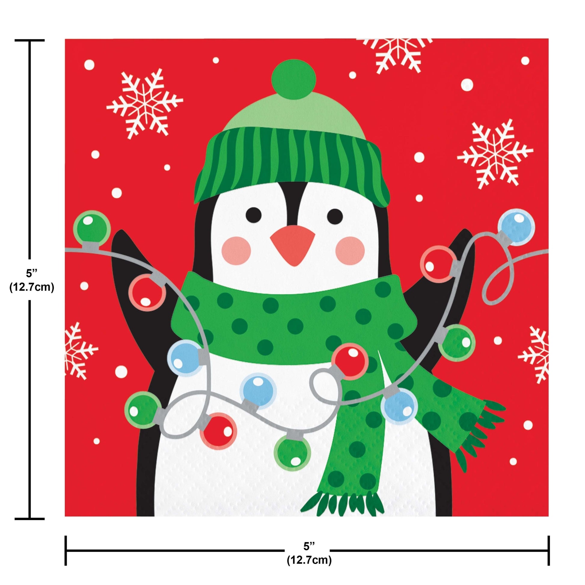 Christmas Cheer Beverage Napkins 192 ct. Paper napkin featuring a penguin wearing a green hat and scarf with Christmas lights on a red background with snowflakes