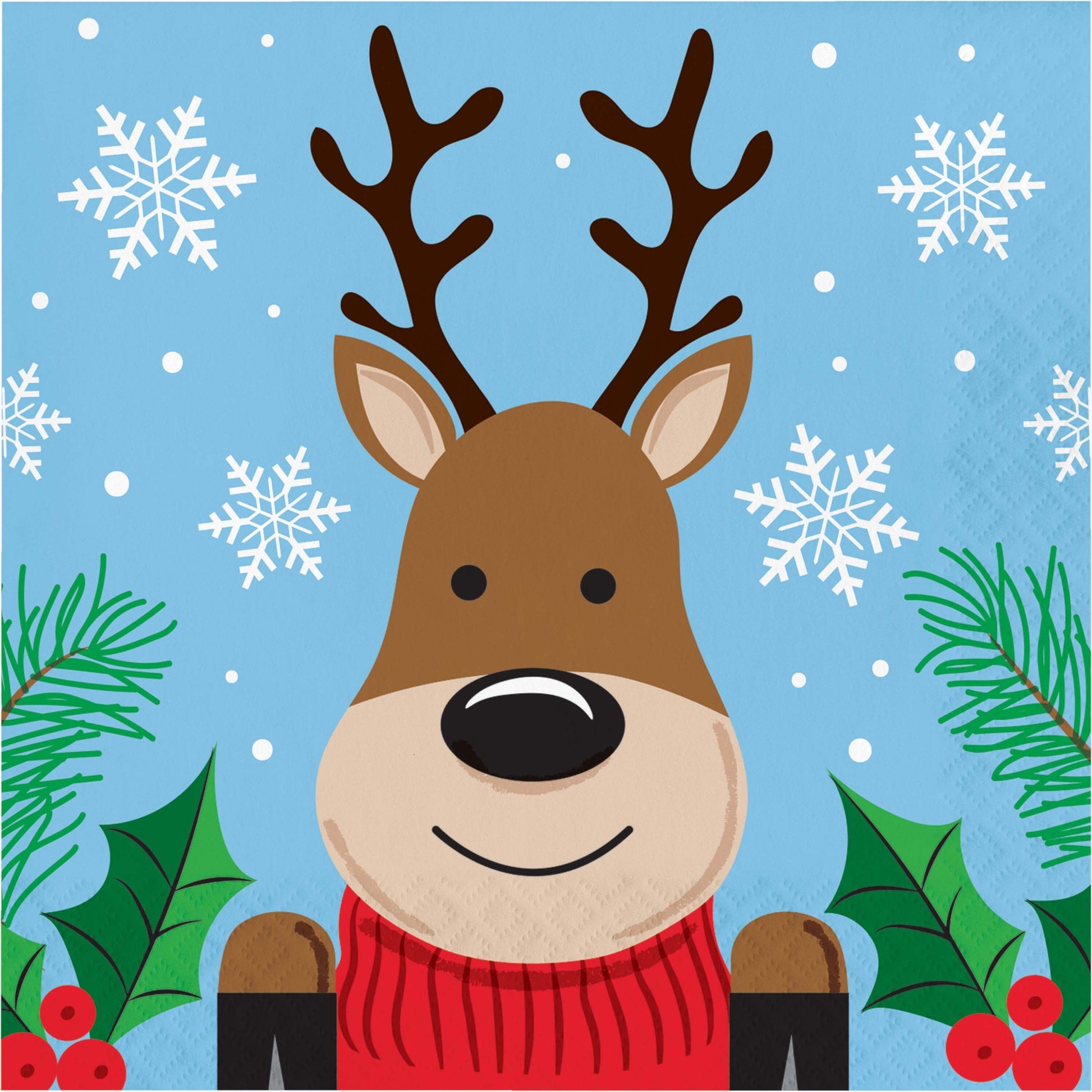 Christmas Cheer Luncheon Napkins 192 ct. Paper napkin featuring a cartoon reindeer with a red sweater on a blue background with snowflakes and greenery