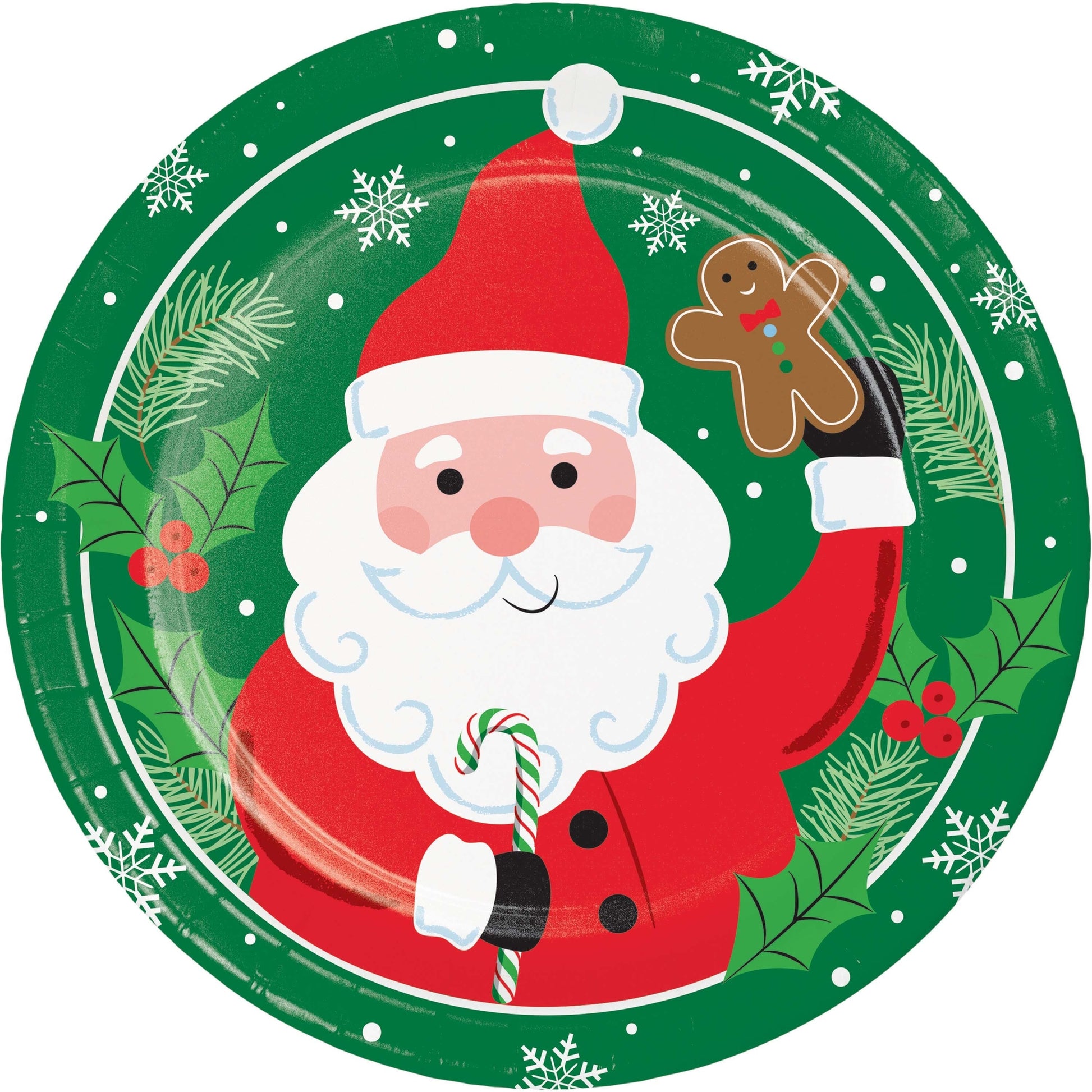 Christmas-themed paper plate with Santa Claus holding a candy cane and a gingerbread man, surrounded by greenery and snowflakes.